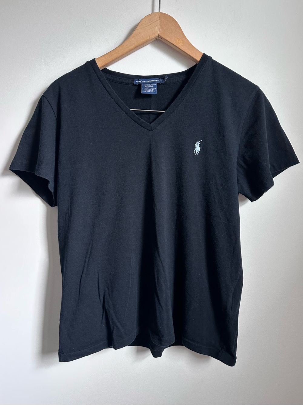 Ralph Lauren Sport Black V Neck Tee Shirt White Pony Logo Cotton Women’s L